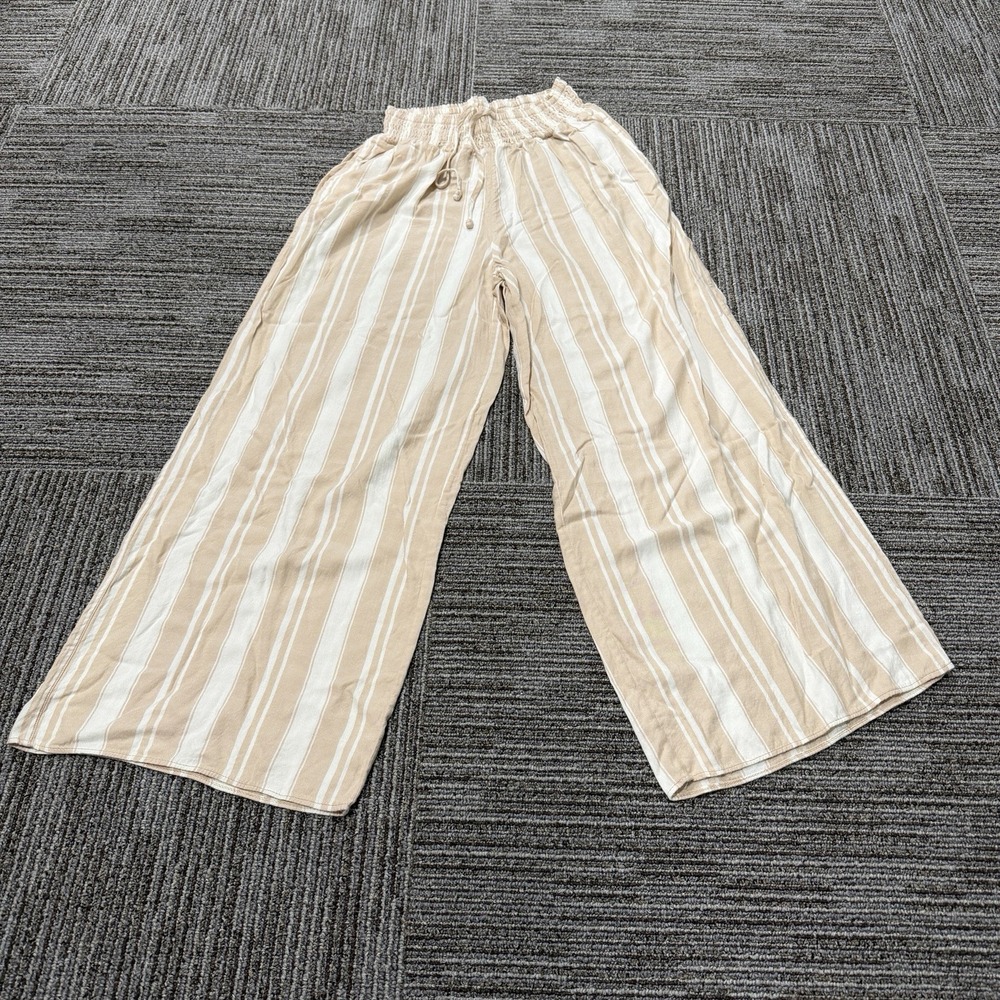 Brochu Walker Pants Womens Small Beige Stripe Wide Leg Cotton Blend Casual
